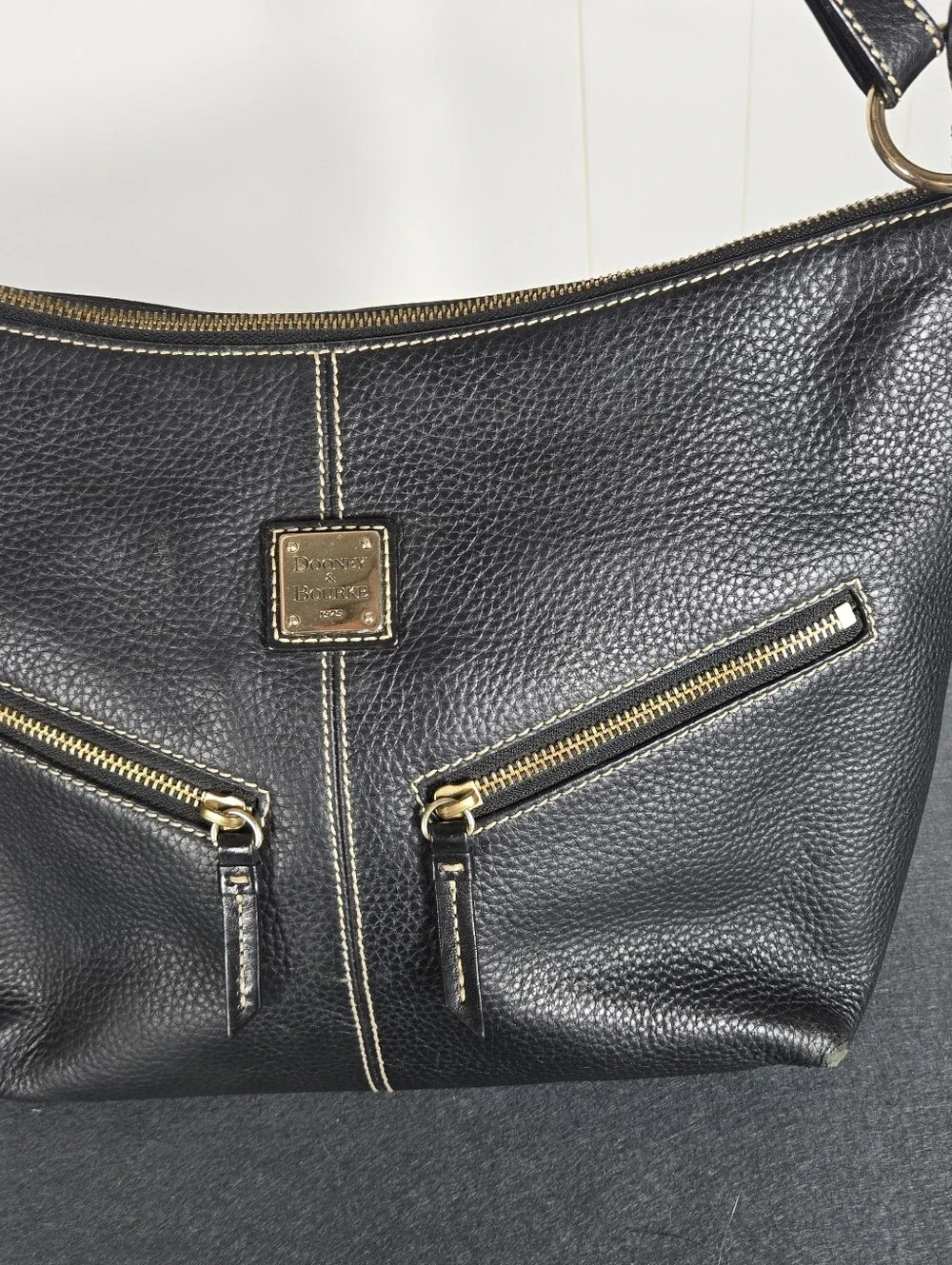 Dooney & Bourke Black Pebbled Leather Hobo with Gold Hardware Travel Plane